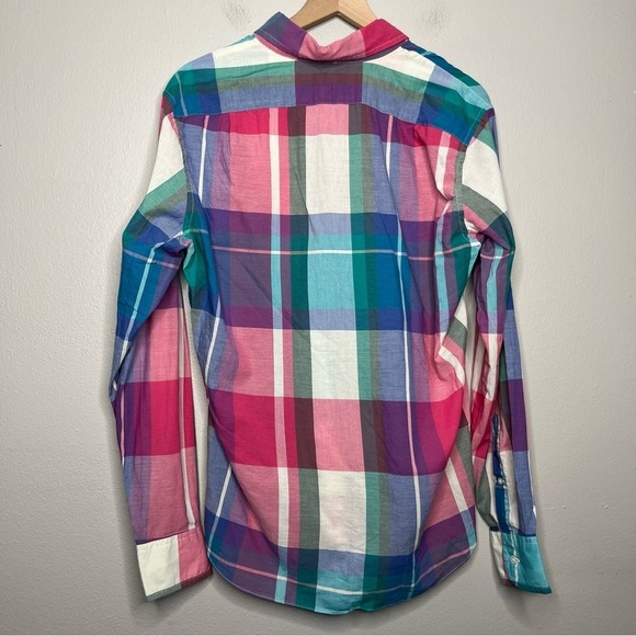 J. Crew Men Shirt Medium Madras Plaid Pocket Holiday Button Down Pink Cream Blue - Picture 7 of 8